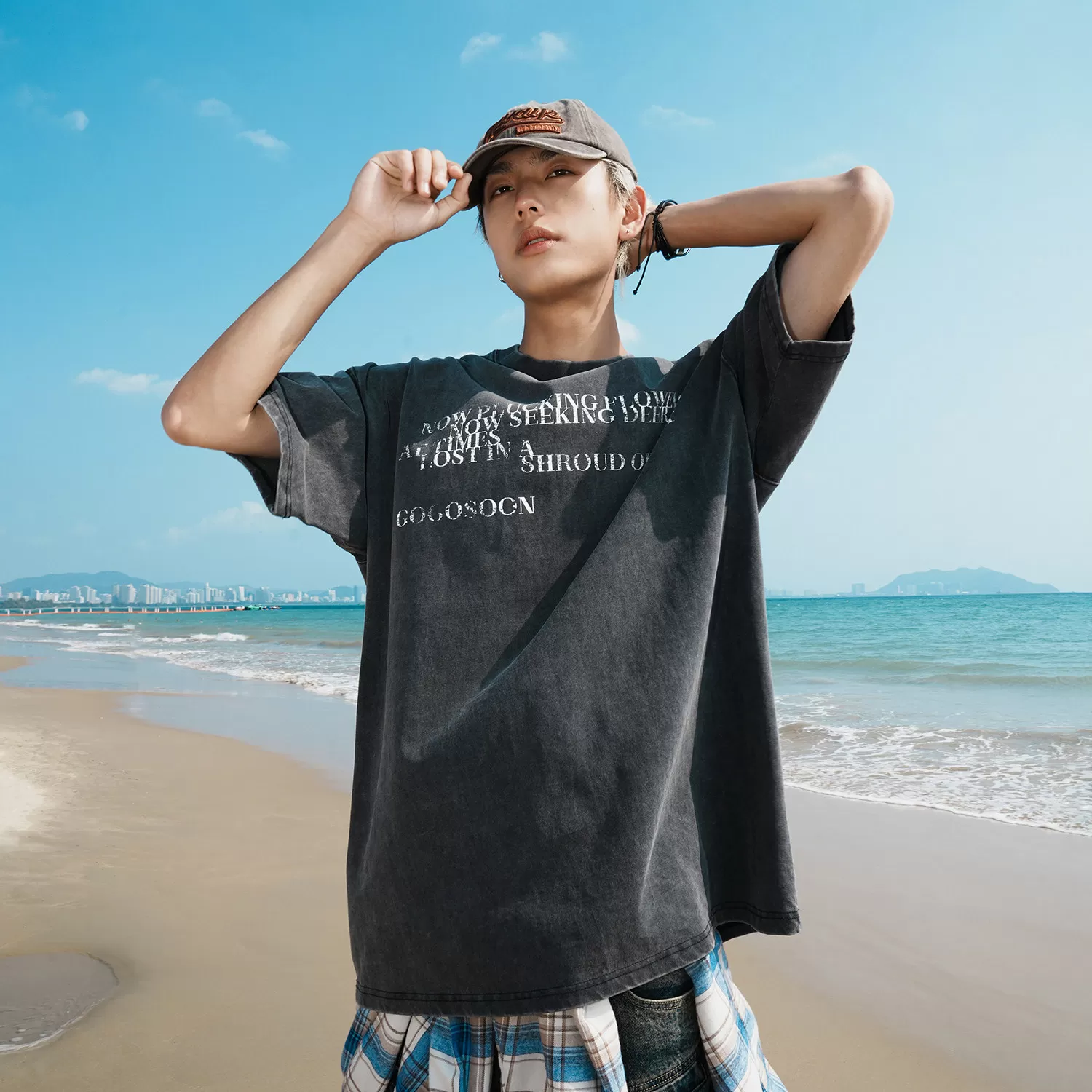 GOGOSOON 100%棉280g双纱做旧水洗 设计感美式短袖T恤上衣男夏季