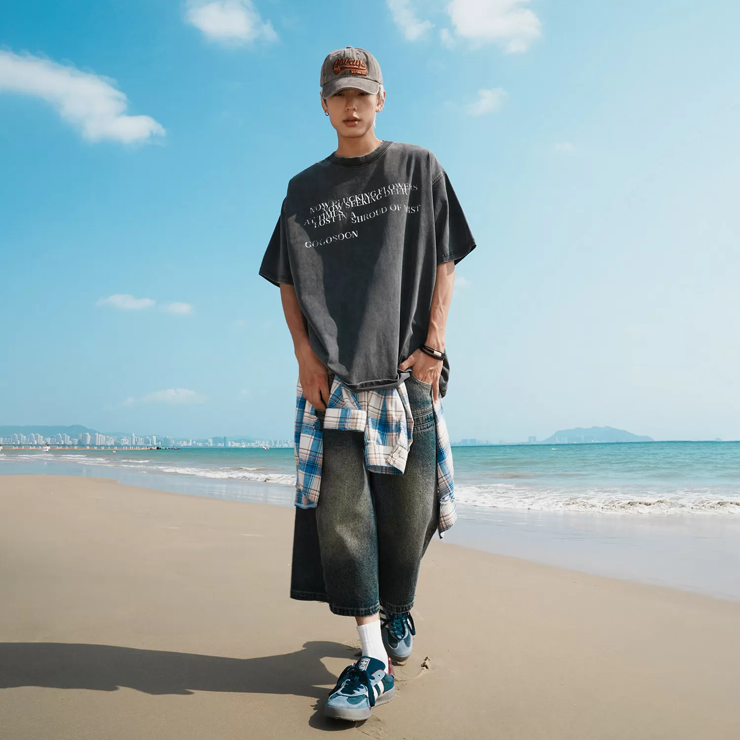 GOGOSOON 100%棉280g双纱做旧水洗 设计感美式短袖T恤上衣男夏季