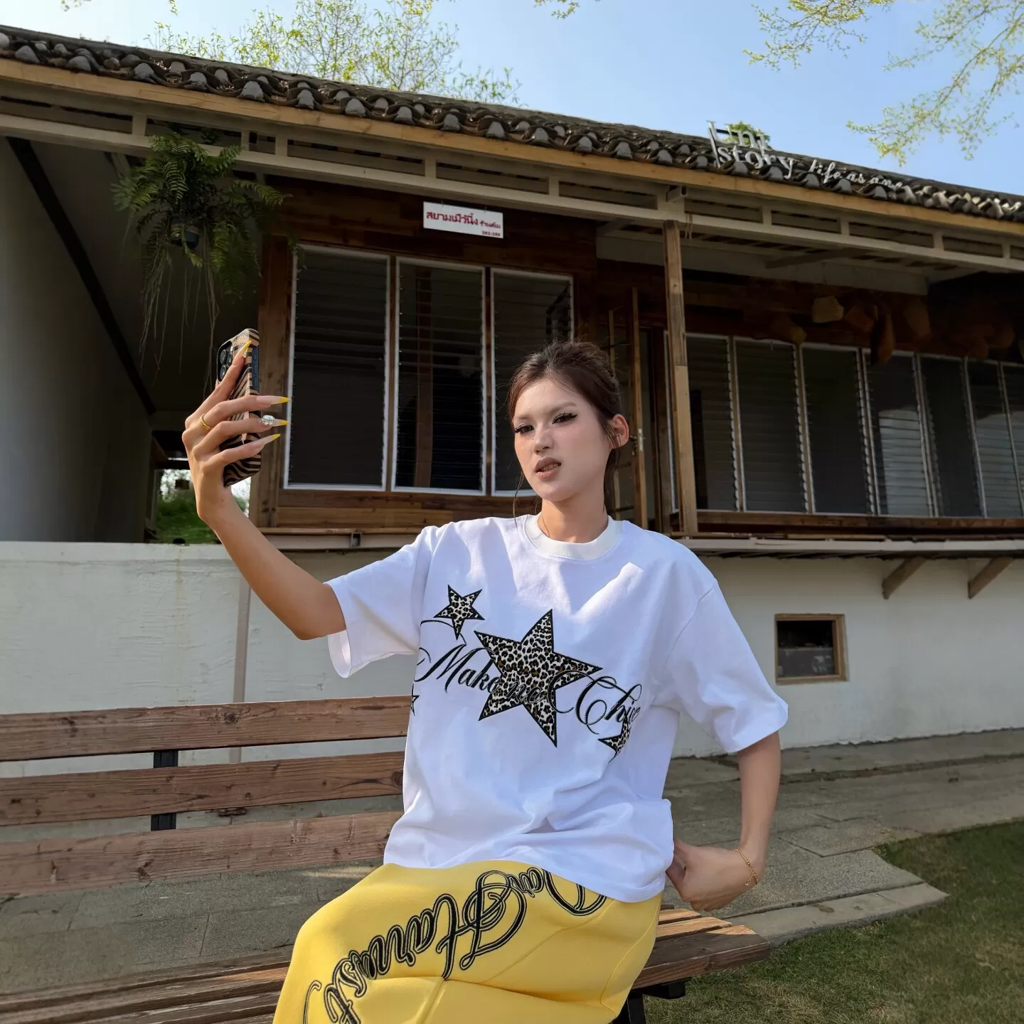 DHSS美式复古星星豹纹刺绣圆领短袖男女宽松夏季百搭休闲情侣T恤