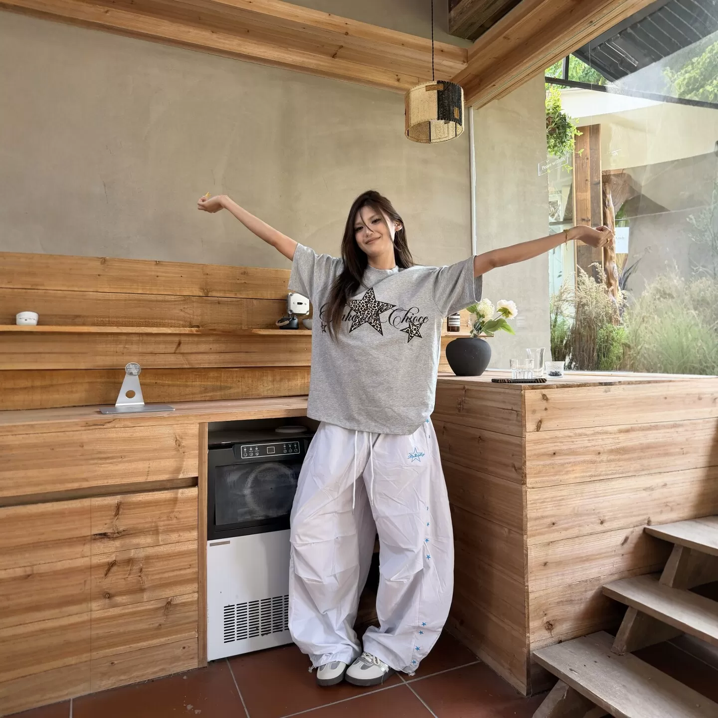DHSS美式复古星星豹纹刺绣圆领短袖男女宽松夏季百搭休闲情侣T恤