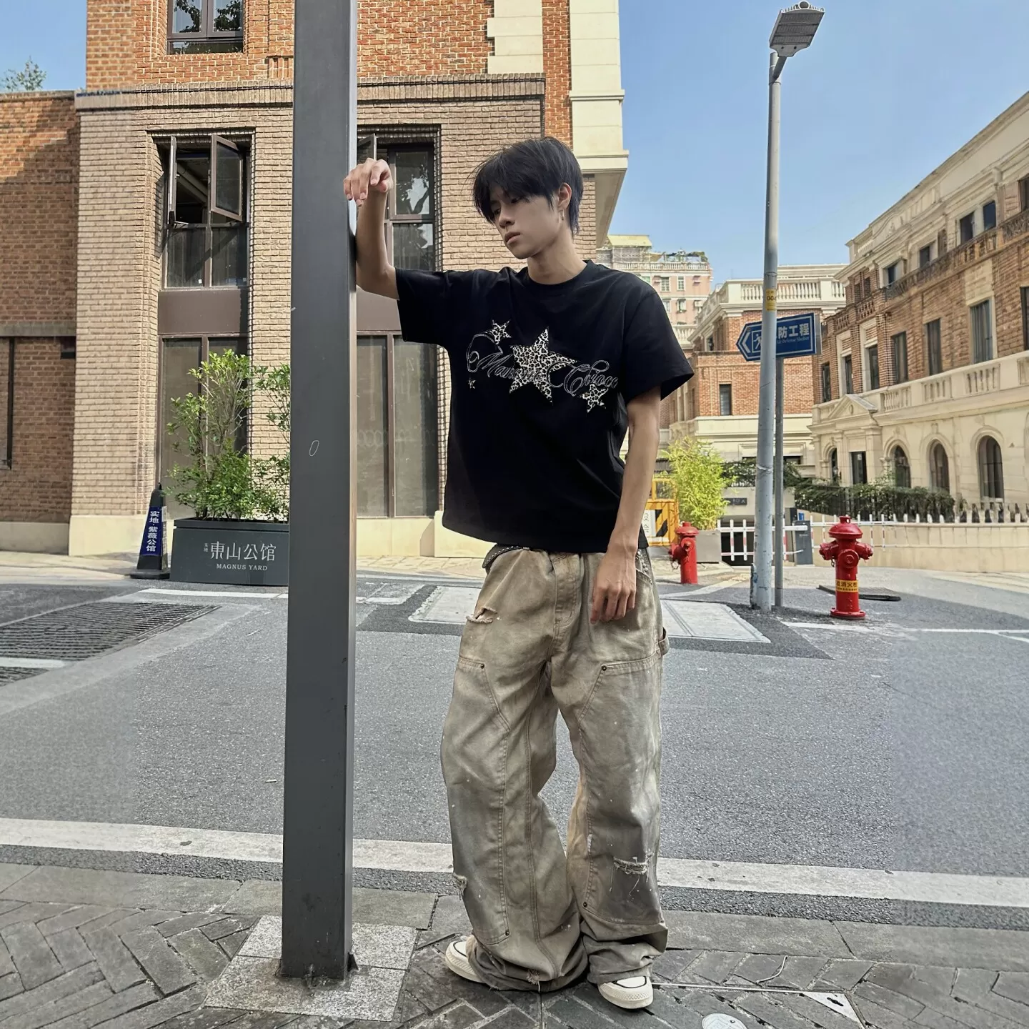 DHSS美式复古星星豹纹刺绣圆领短袖男女宽松夏季百搭休闲情侣T恤