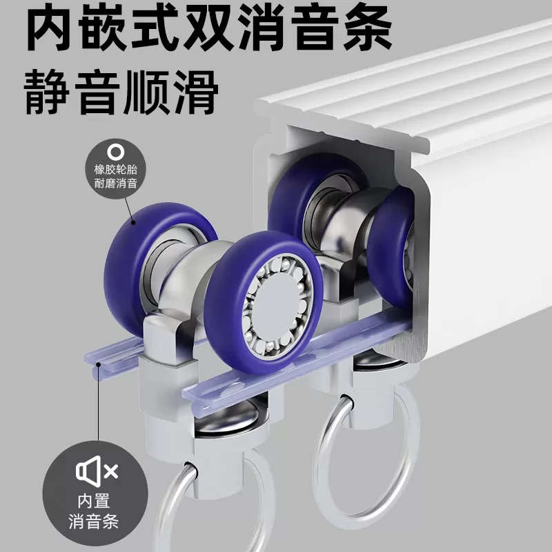 铝合金窗帘轨道静音滑轨窗帘杆导轨单轨双轨侧装顶装滑道轴承滑轮