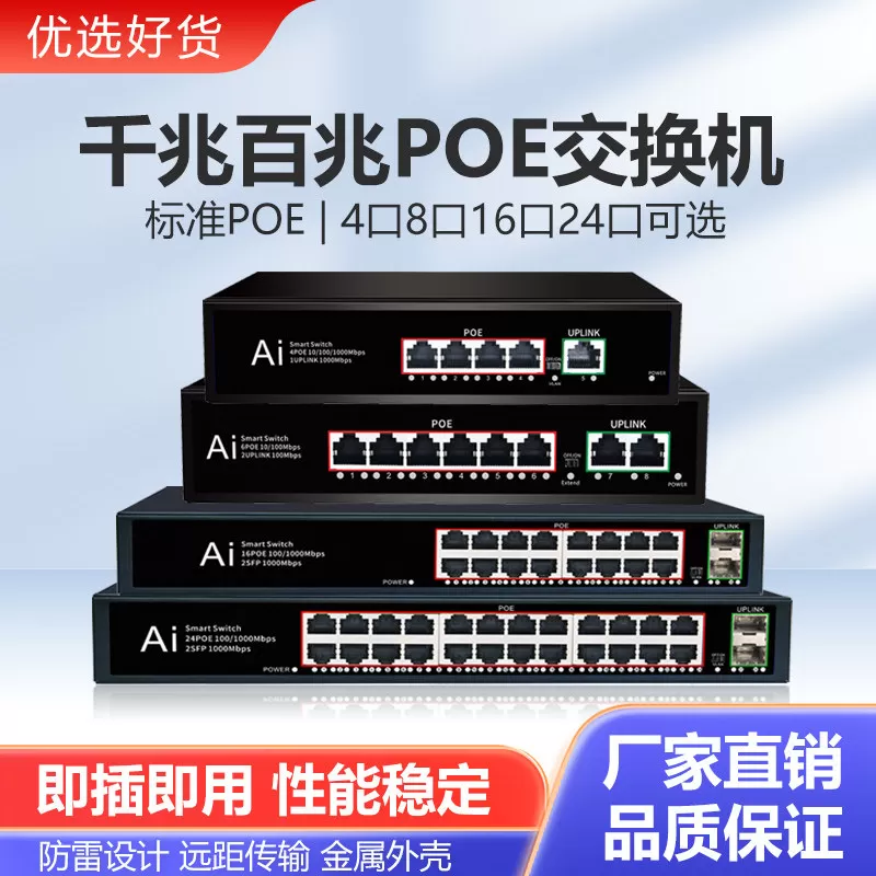 千兆百兆POE交换机4口8口16口24口国标准48V供电器网络监控摄像头无线AP电源全千兆大功率250米传输防雷1006B