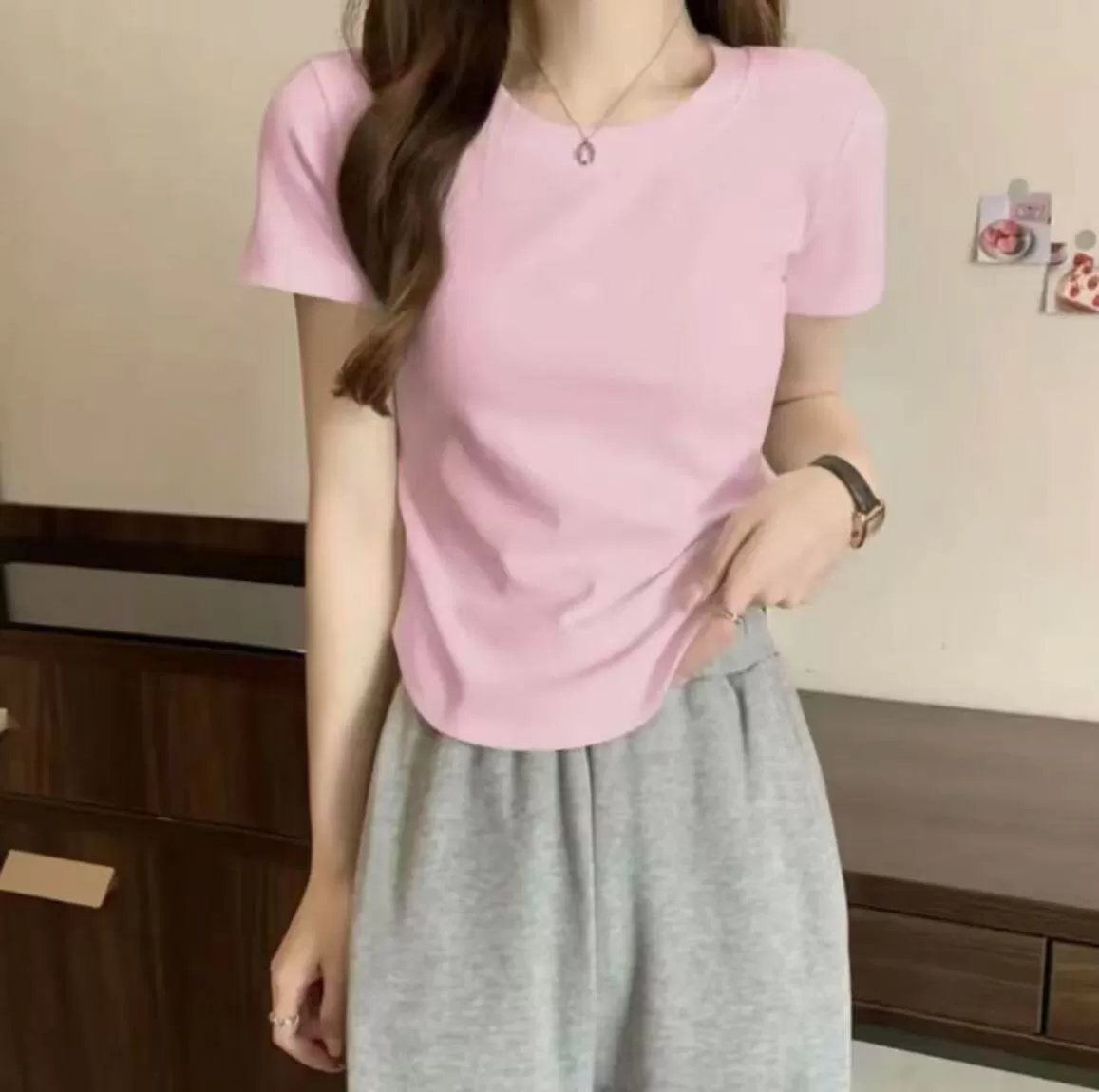 正肩短袖T恤女白色圆领宽松百搭显瘦小个子穿搭上衣