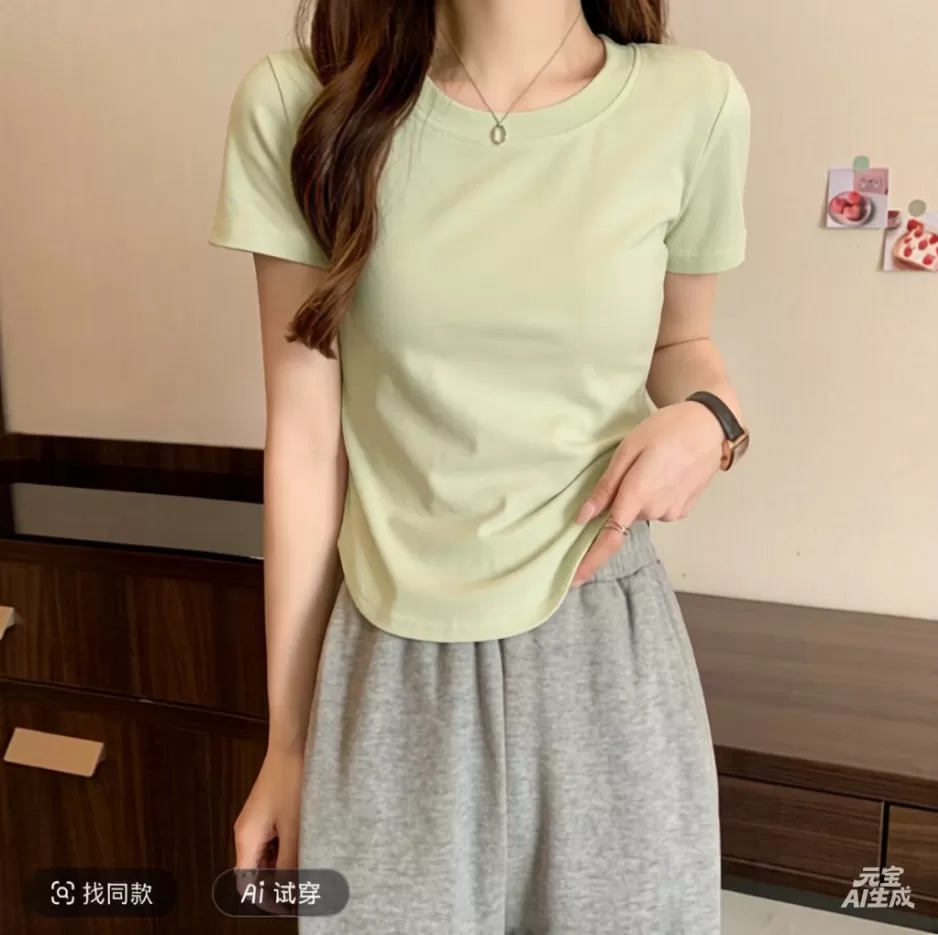 正肩短袖T恤女白色圆领宽松百搭显瘦小个子穿搭上衣