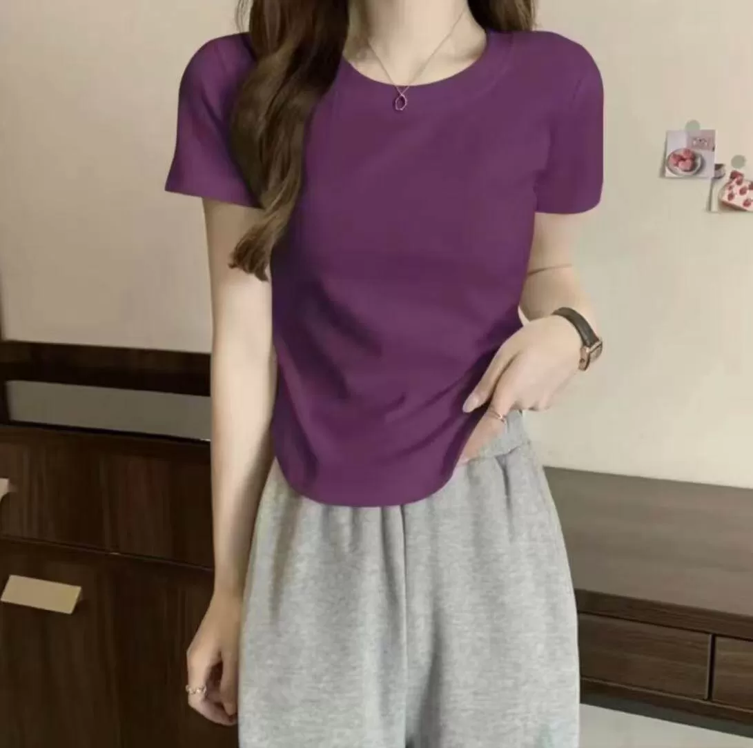 正肩短袖T恤女白色圆领宽松百搭显瘦小个子穿搭上衣
