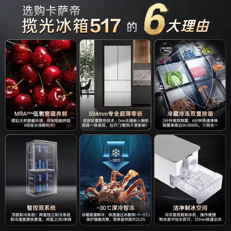 重磅新品卡萨帝揽光517L制冰超薄零嵌入式四门风冷无霜家用电冰箱