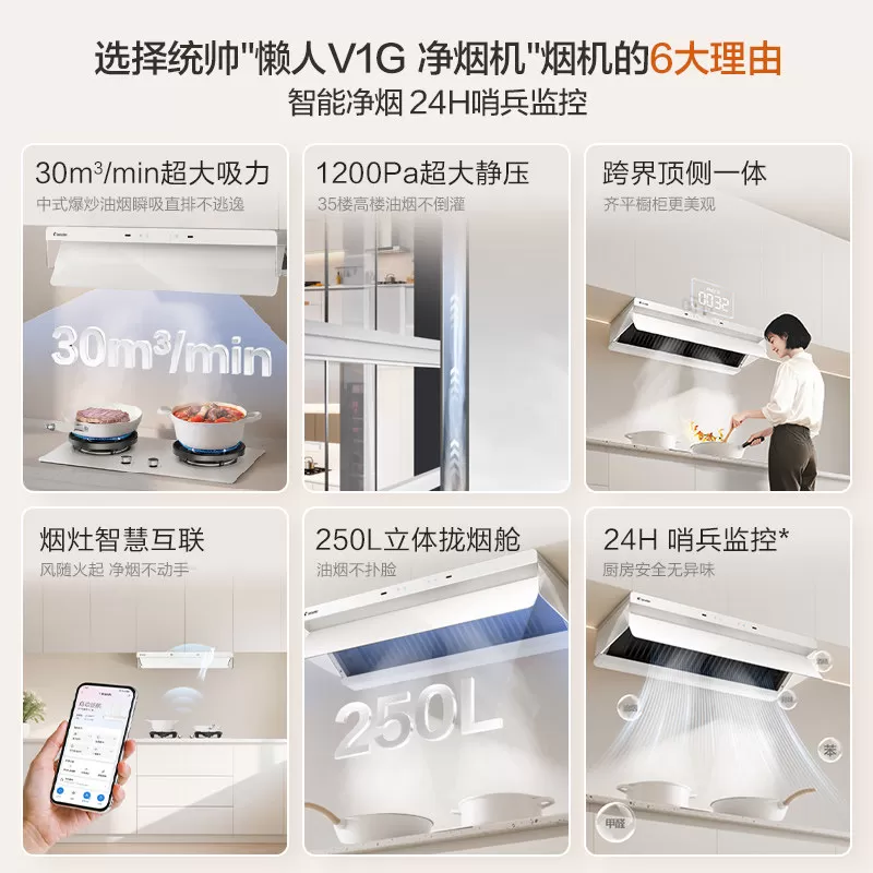 [新品]海尔出品统帅抽吸油烟机燃气灶一套顶侧一体懒人净烟机V1G