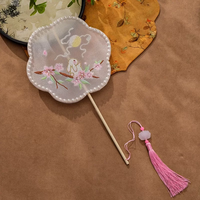 儿童汉服扇子团扇女童走秀拍摄长柄扇舞蹈绣花古风宫扇六一活动扇