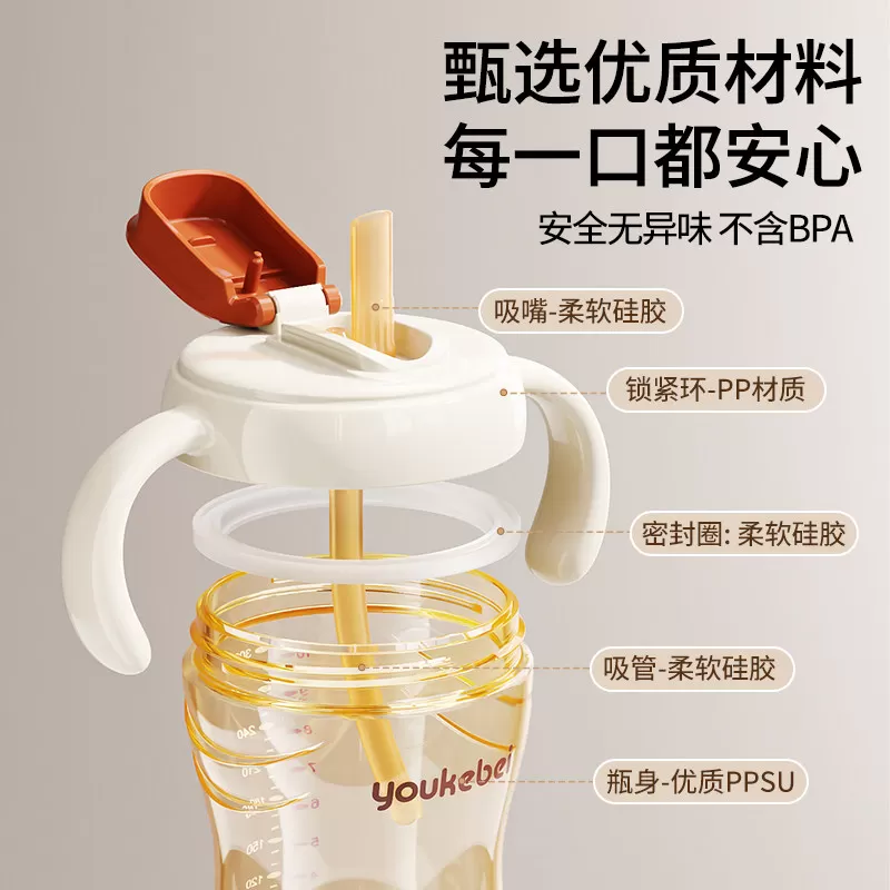 宝宝水杯直饮学饮吸管喝奶杯1-2-3岁以上儿童刻度牛奶杯PPSU奶瓶