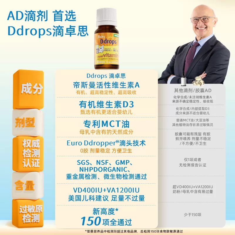 【自营】Ddrops敏宝ad滴剂婴幼儿一岁以下新生儿宝宝维生素D3婴儿
