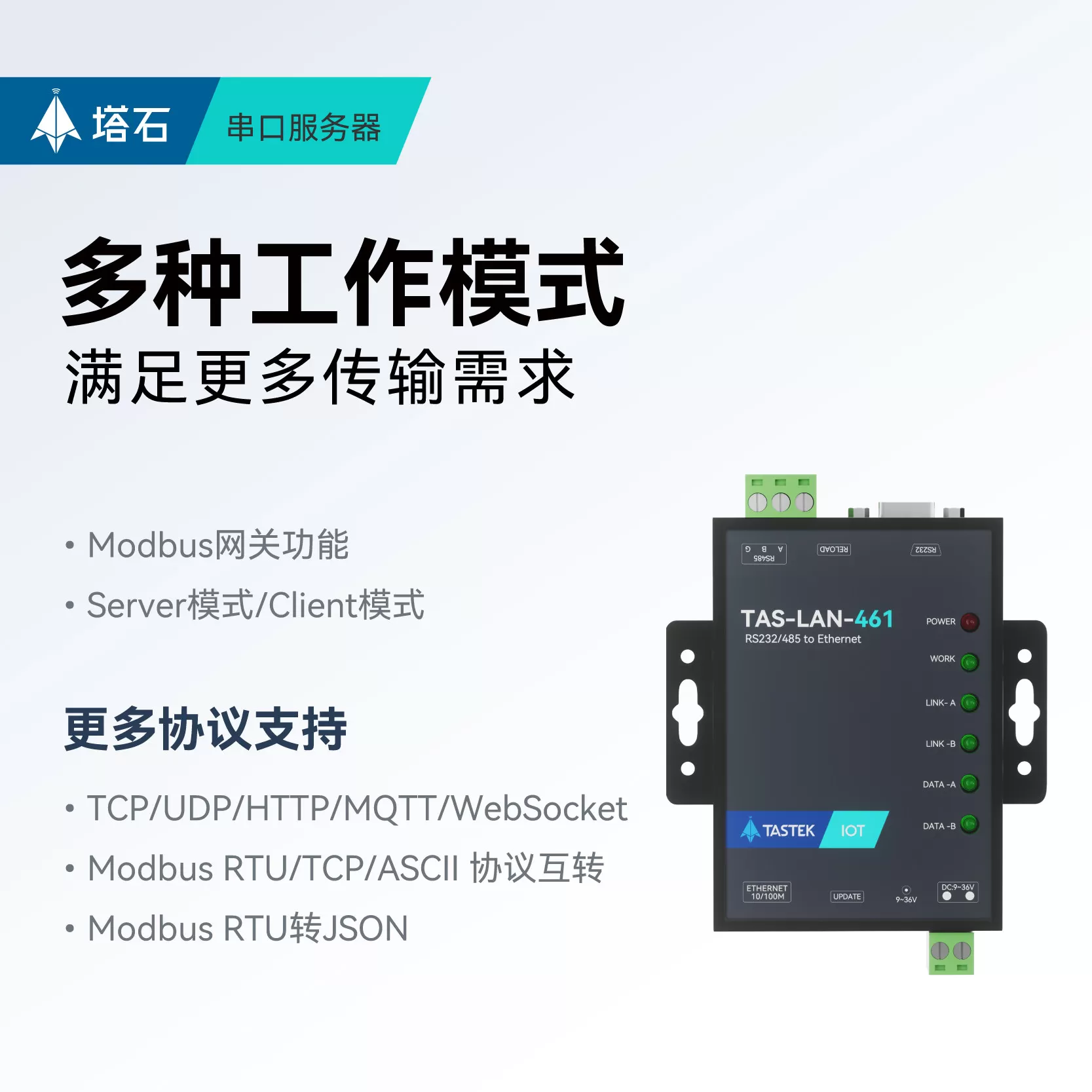 塔石双串口服务器2路RS485/232转网口以太网模块串口转rj45通讯modbus rtu转tcp/ip工业网关数据透传mqtt通信