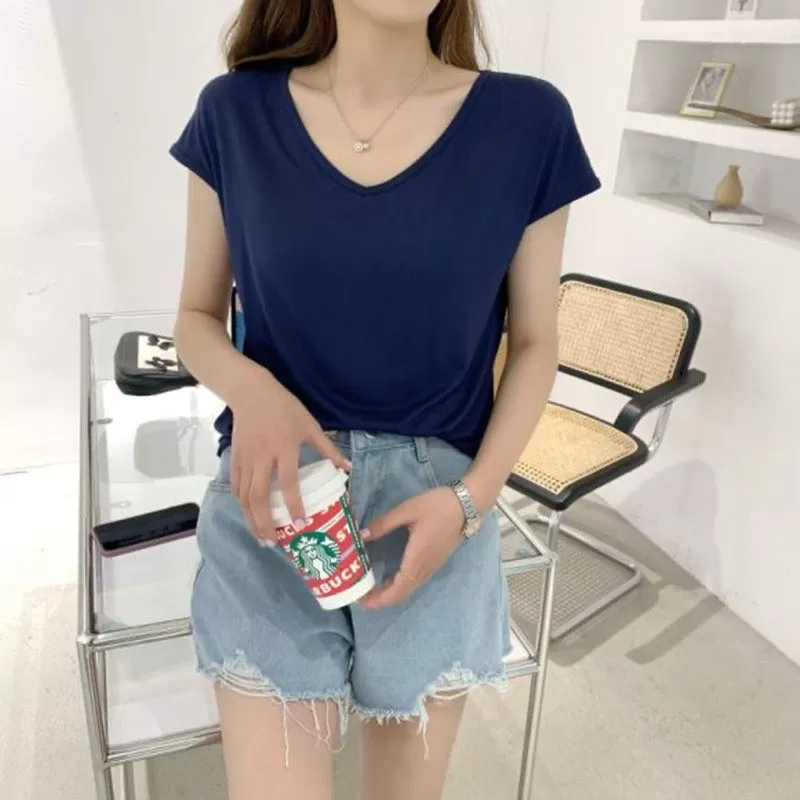 莫代尔女夏薄款纯色简约休闲T恤V领无袖内搭宽松显瘦打底百搭上衣