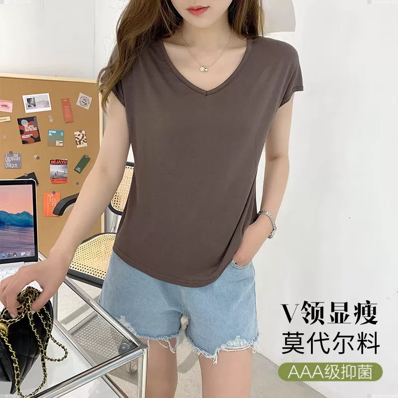 莫代尔女夏薄款纯色简约休闲T恤V领无袖内搭宽松显瘦打底百搭上衣