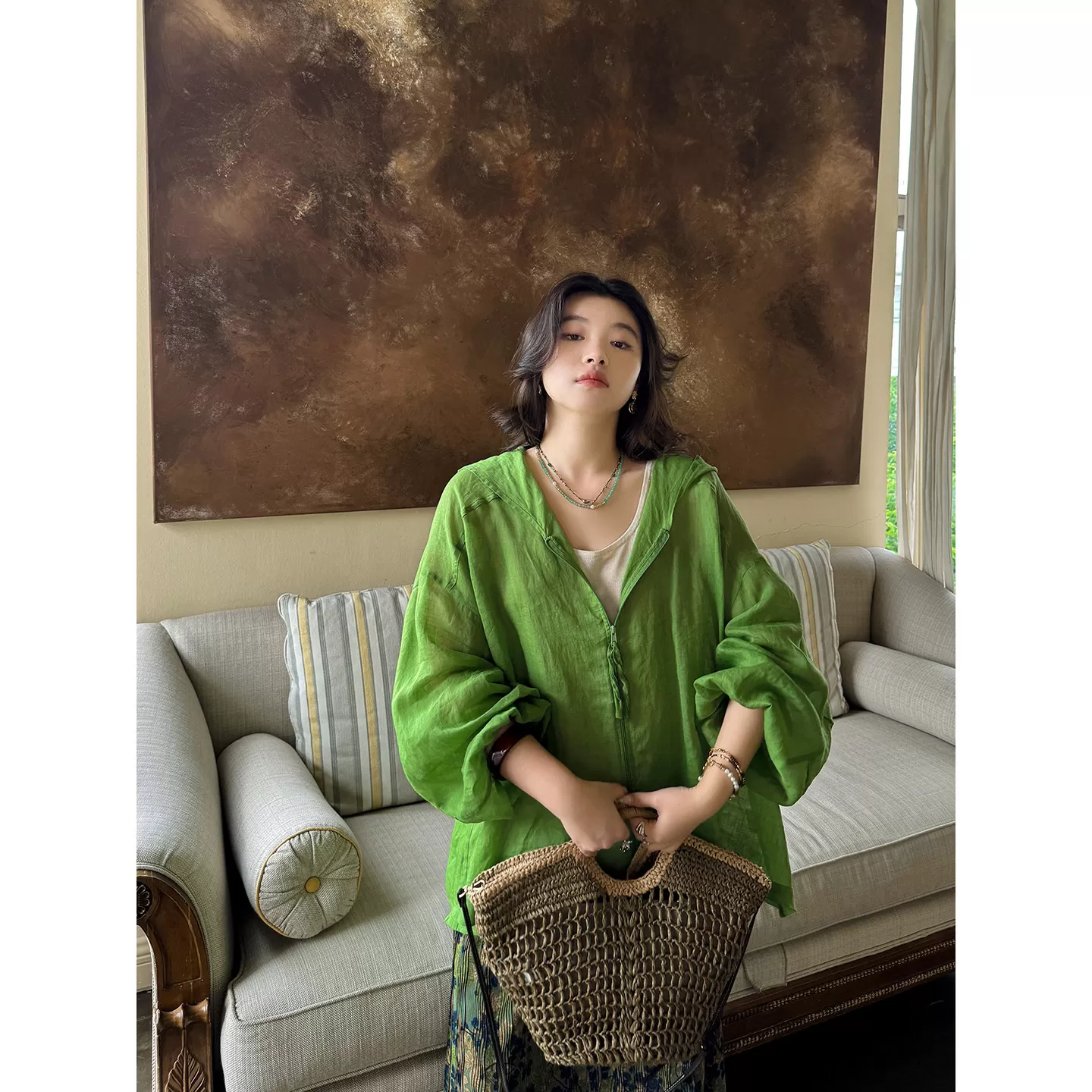 轻盈凉感纯苎麻连帽拉链设计休闲宽松百搭防晒外套薄款 安妮森林