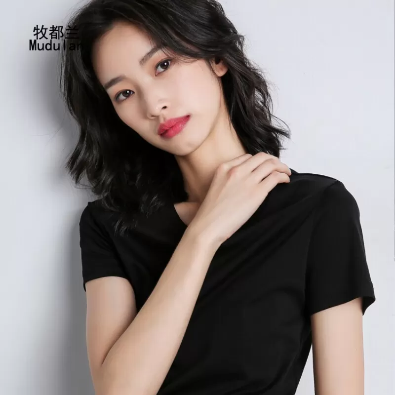 6牧都兰正肩纯棉T恤女韩版打底圆领修身显瘦自带腰线纯色上衣