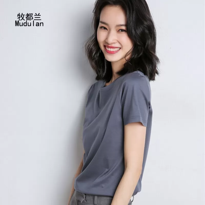6牧都兰正肩纯棉T恤女韩版打底圆领修身显瘦自带腰线纯色上衣