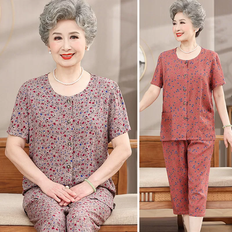 纯棉绸中老年人夏装女妈妈两件套老人太太奶奶衣服短袖t恤+七分裤