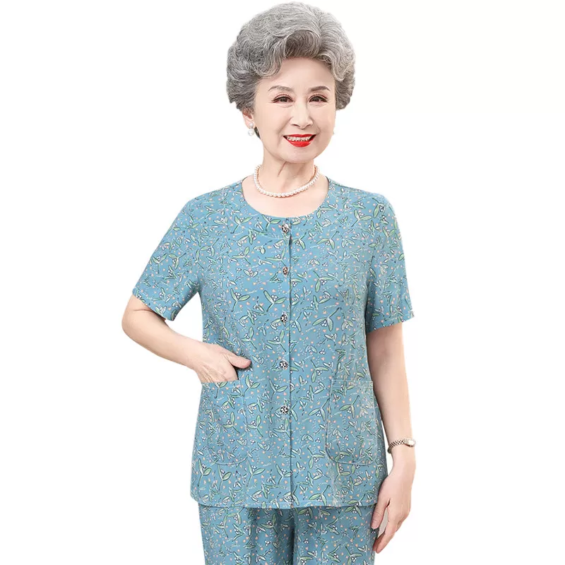 纯棉绸中老年人夏装女妈妈两件套老人太太奶奶衣服短袖t恤+七分裤