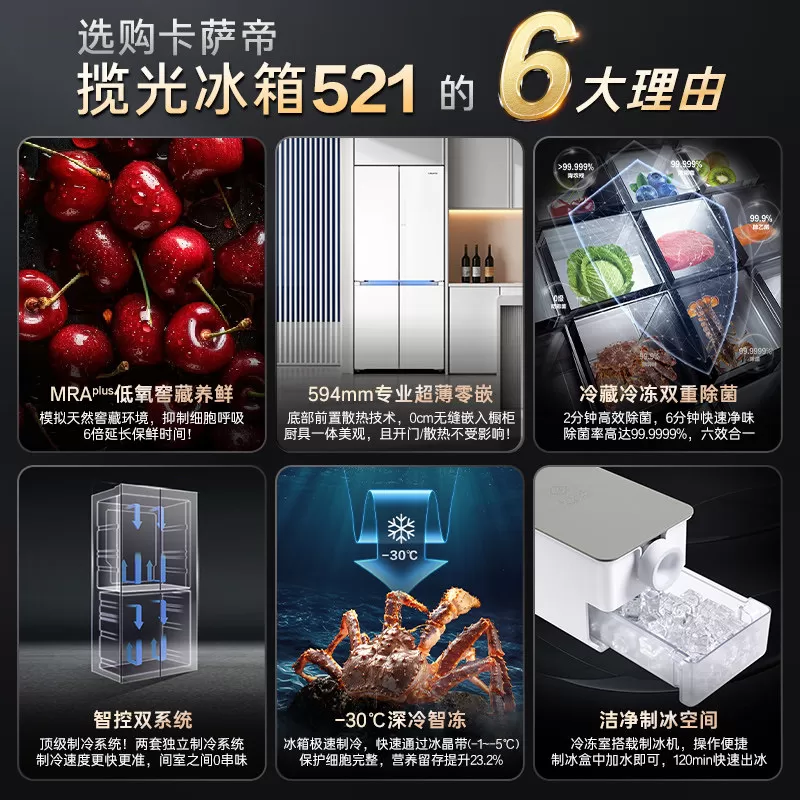 以旧换新卡萨帝揽光521L超薄零嵌入式制冰四门一级无霜电冰箱家用