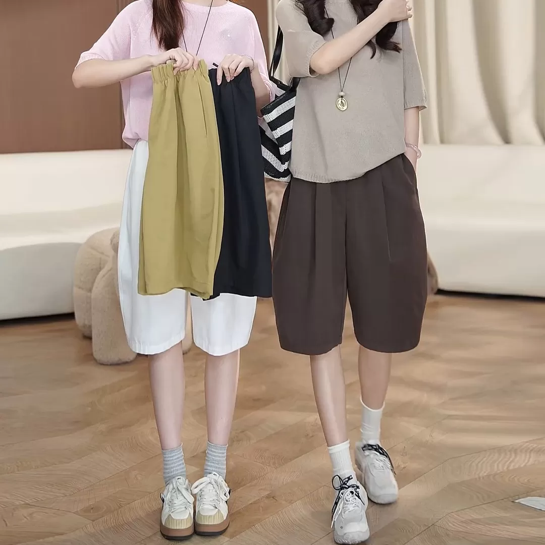 老钱风弯刀短裤女2026夏季新款高腰宽松显瘦热裤阔腿五分休闲裤女