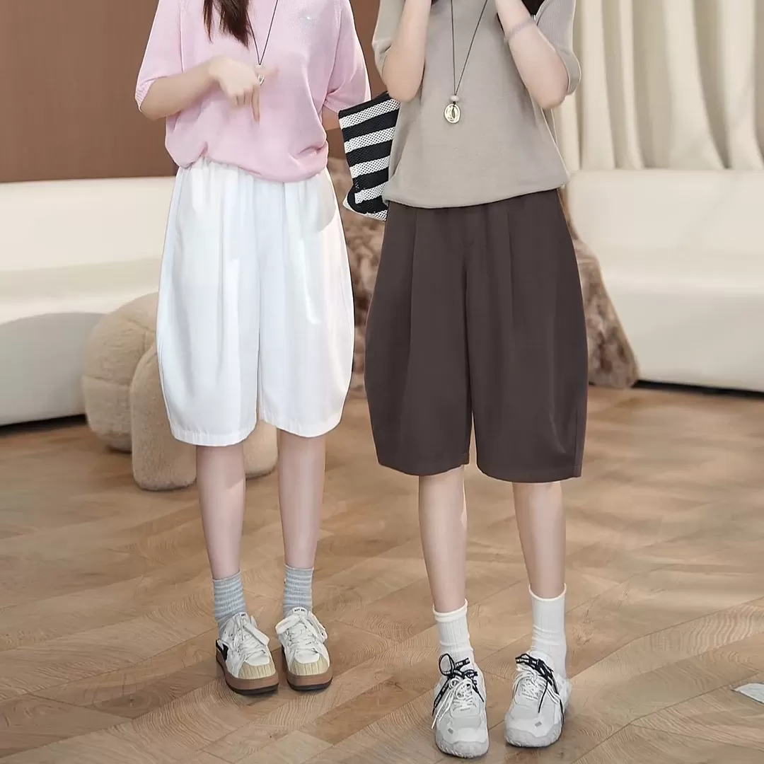 老钱风弯刀短裤女2026夏季新款高腰宽松显瘦热裤阔腿五分休闲裤女