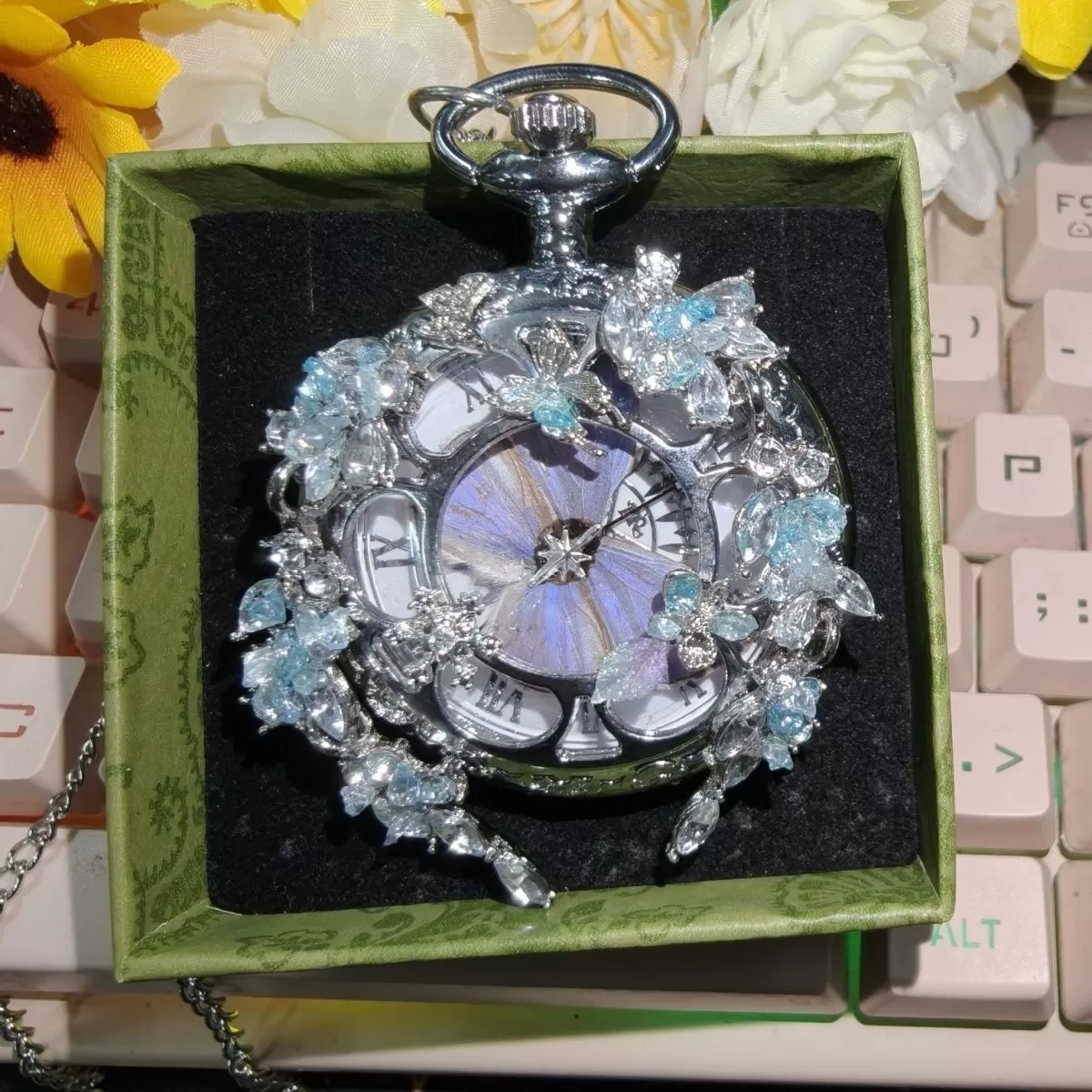 手工真蝴蝶标本怀表复古项链雅灰蝶怀表翻盖装饰品情侣生日礼物