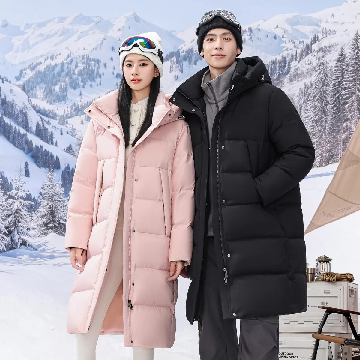 雪中飞男女同款情侣长款羽绒服连帽简约时尚