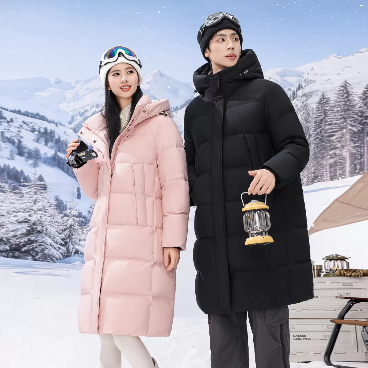 雪中飞男女同款情侣长款羽绒服连帽简约时尚