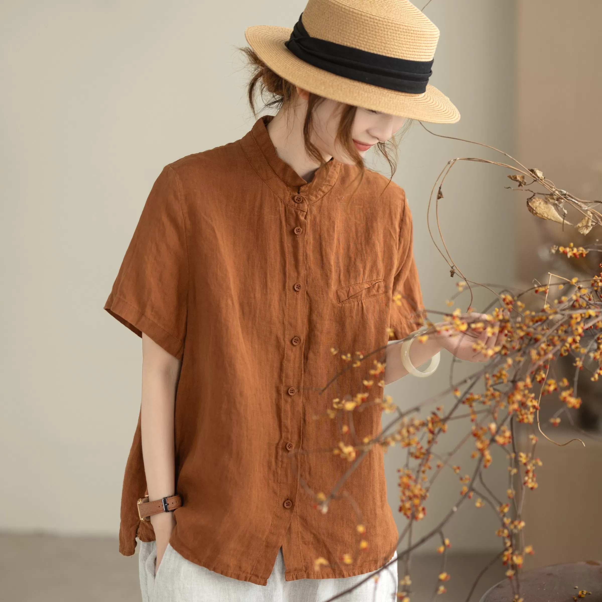 咖咪羽文艺复古亚麻短袖衬衫女夏季新款宽松棉麻衬衣大码女装上衣