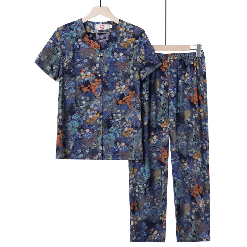 中老年人夏装女奶奶棉绸套装60岁70大码短袖妈妈衬衫老人太太衣服