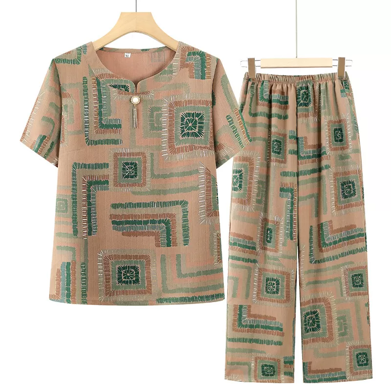 中老年人夏装冰丝套装女妈妈大码T恤奶奶新款短袖老太太衣服宽松