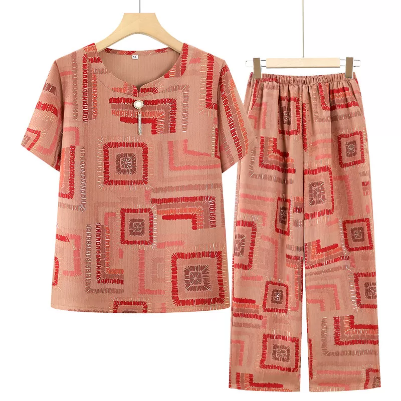 中老年人夏装冰丝套装女妈妈大码T恤奶奶新款短袖老太太衣服宽松