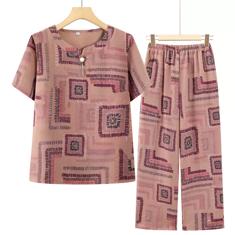 中老年人夏装冰丝套装女妈妈大码T恤奶奶新款短袖老太太衣服宽松