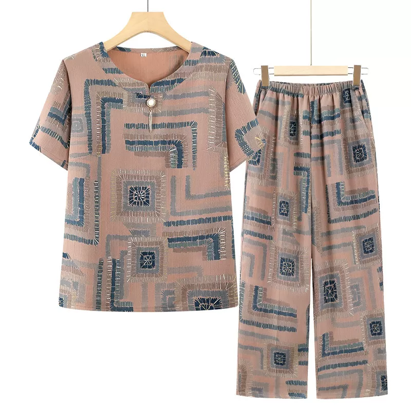 中老年人夏装冰丝套装女妈妈大码T恤奶奶新款短袖老太太衣服宽松