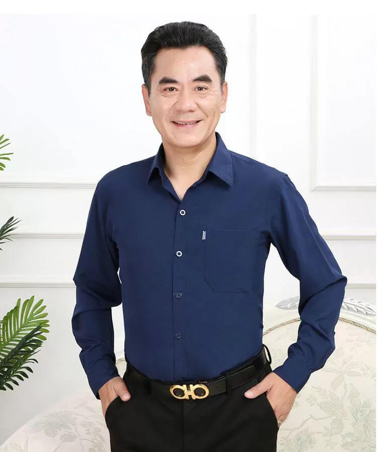 中老年男士长袖衬衫春夏薄款休闲宽松爷爷衬衫老人长袖上衣爸爸装