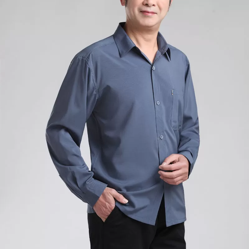 中老年男士长袖衬衫春夏薄款休闲宽松爷爷衬衫老人长袖上衣爸爸装