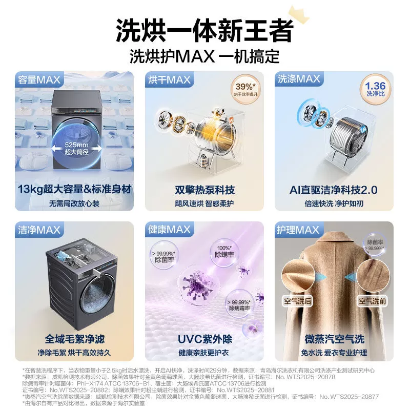 【云溪5.0 标尺热泵洗烘一体】海尔滚筒洗衣机全自动13kg大容量D3