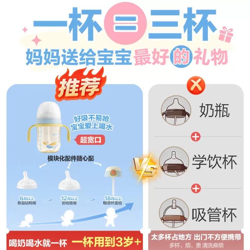 贝亲超宽口径鸭嘴学饮杯婴儿6个月+宝宝喝水杯ppsu吸管杯防呛奶瓶