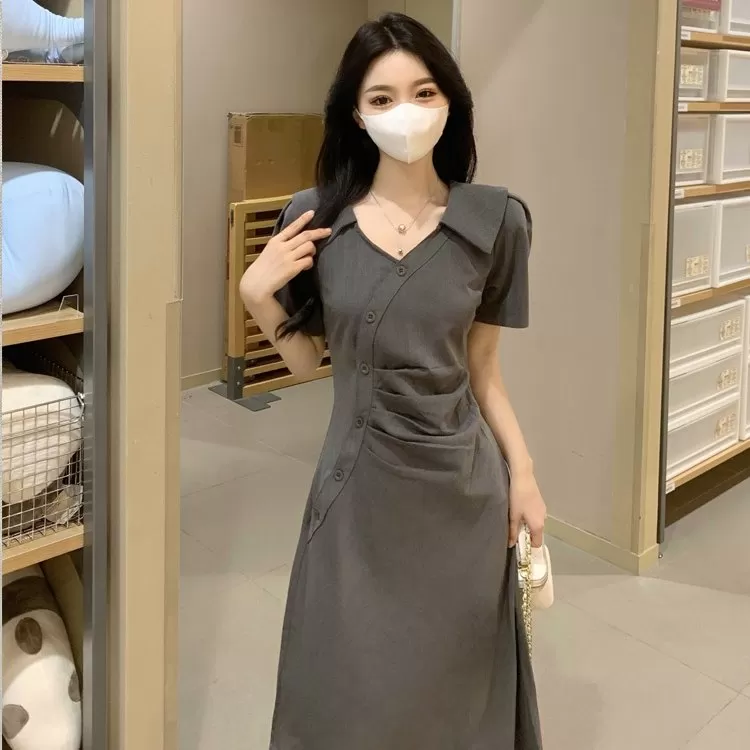 LB夏季法式赫本风衬衫连衣裙气质绝美微胖收腰显瘦长裙