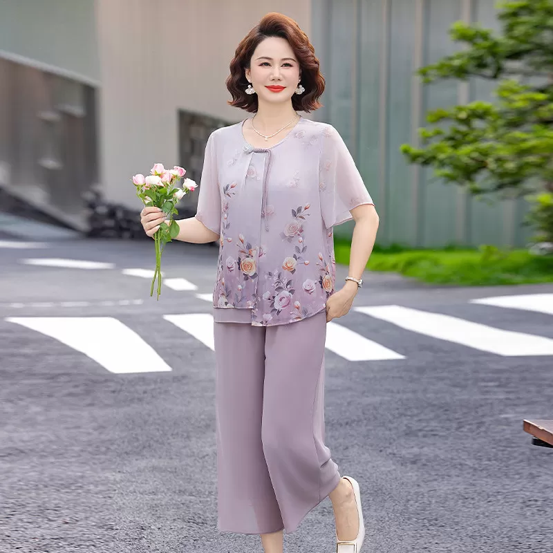 妈妈夏季套装雪纺小衫2026新款中老年时尚女装短袖上衣洋气两件套