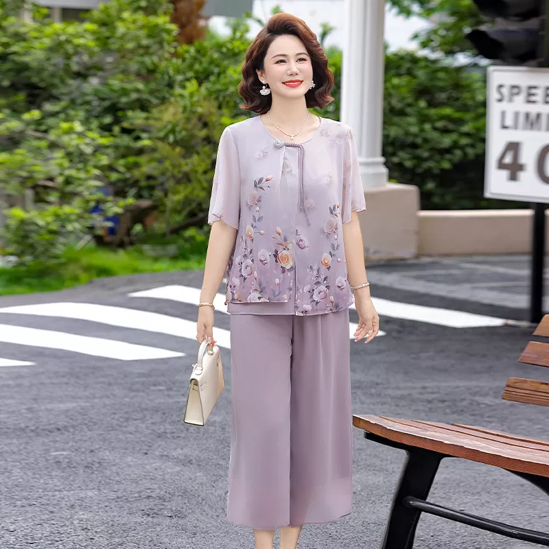 妈妈夏季套装雪纺小衫2026新款中老年时尚女装短袖上衣洋气两件套