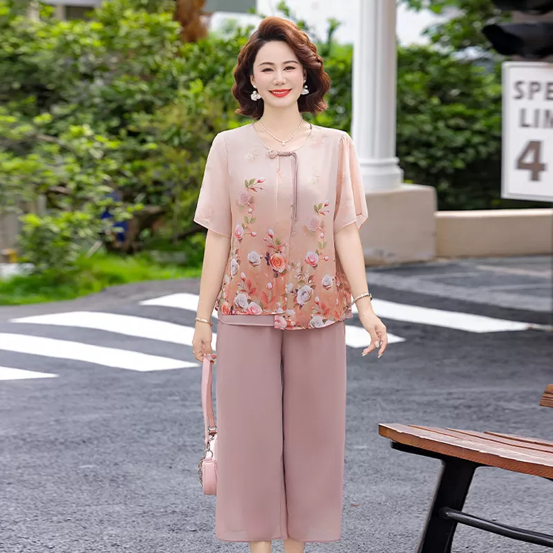 妈妈夏季套装雪纺小衫2026新款中老年时尚女装短袖上衣洋气两件套