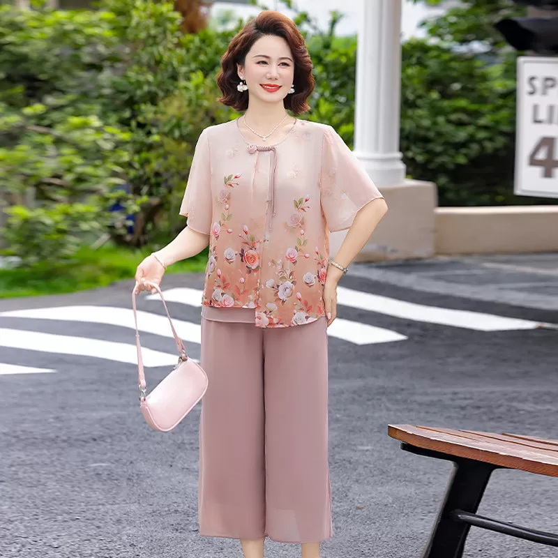妈妈夏季套装雪纺小衫2026新款中老年时尚女装短袖上衣洋气两件套