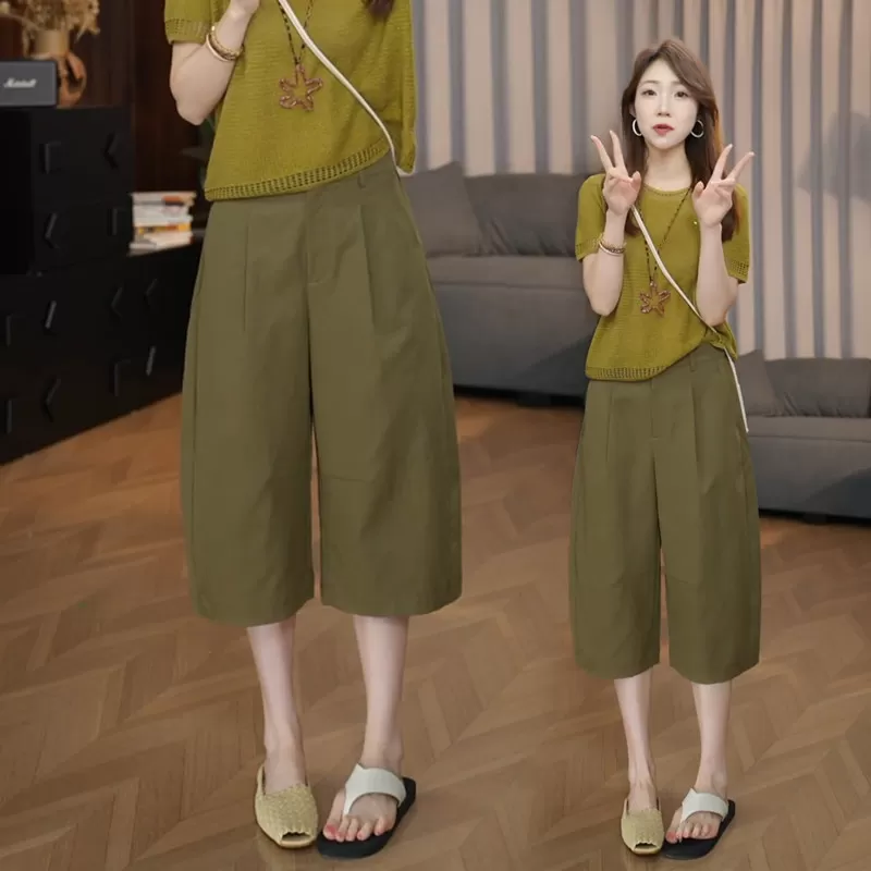 2026夏季新款生态棉弯刀阔腿七分短裤女高腰宽松显瘦薄款休闲裤子