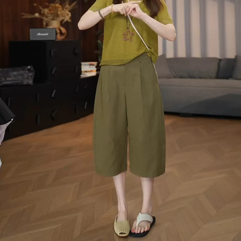 2026夏季新款生态棉弯刀阔腿七分短裤女高腰宽松显瘦薄款休闲裤子