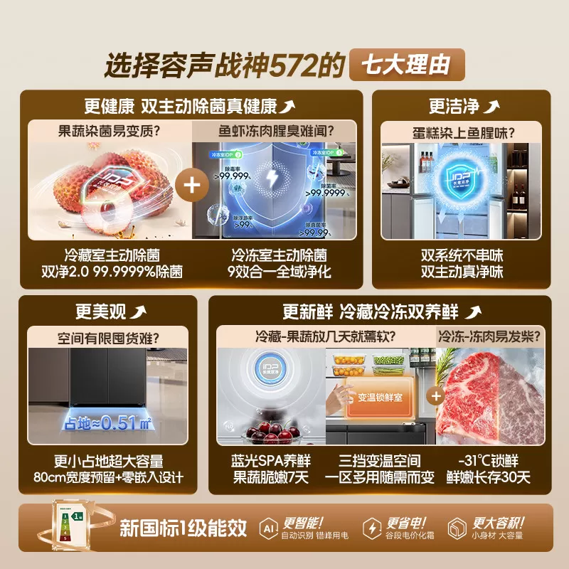 容声战神572L双净双系统十字双开四门零嵌入式电冰箱家用一级能效