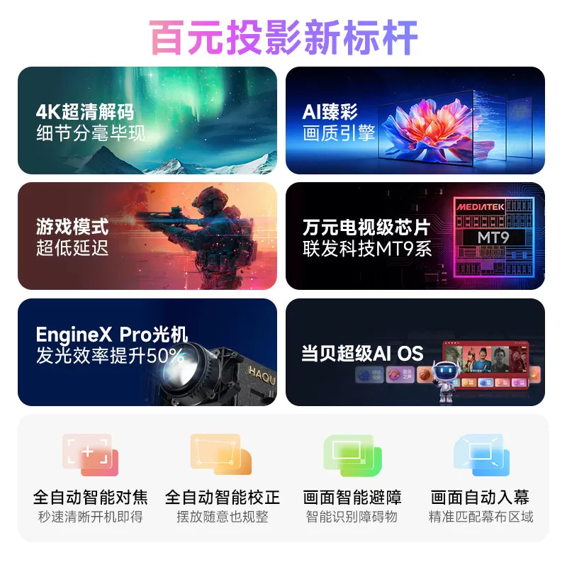 【政府补贴15%】哈趣H3Pro投影仪家用超高清哈曼音响新款4K解码轻薄便携1080P卧室客厅宿舍智能家庭影院投屏