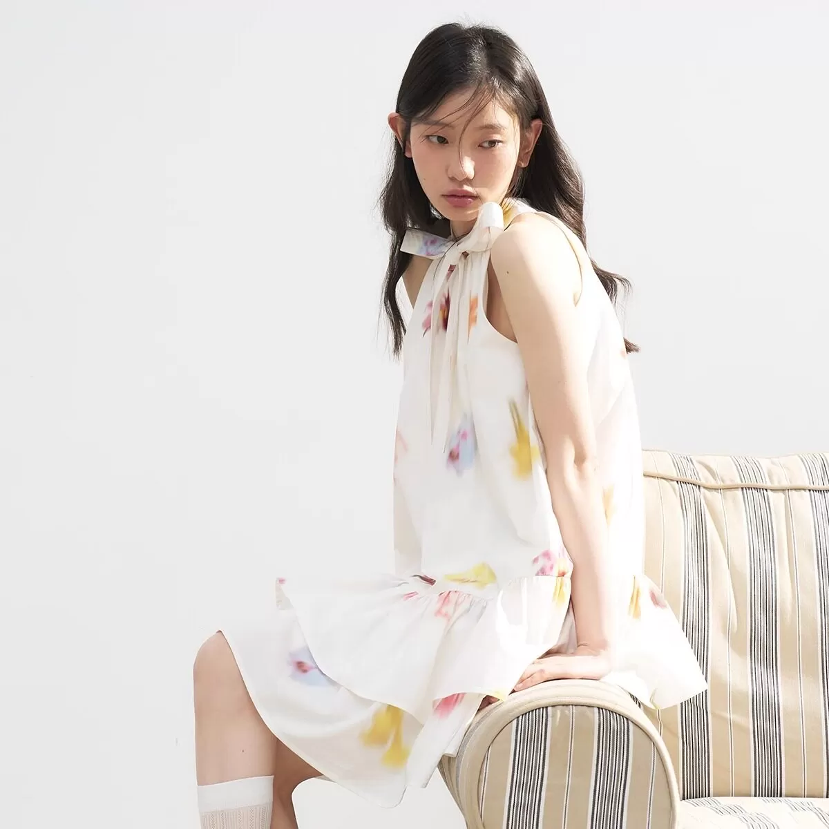 【徐绿杨同款】RECIT 花卉蝴蝶结挂脖连衣裙女木耳边蓬蓬无袖短裙