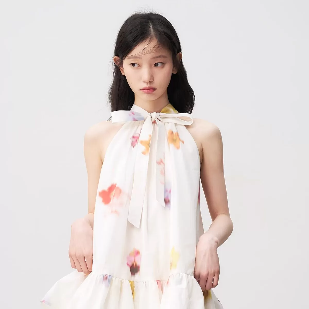 【徐绿杨同款】RECIT 花卉蝴蝶结挂脖连衣裙女木耳边蓬蓬无袖短裙